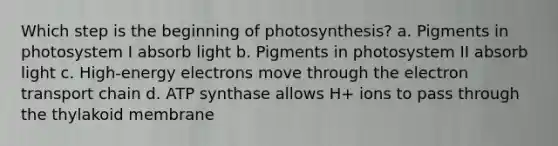 Which step is the beginning of photosynthesis? a. Pigments in photosystem I absorb light b. Pigments in photosystem II absorb light c. High-energy electrons move through the electron transport chain d. ATP synthase allows H+ ions to pass through the thylakoid membrane