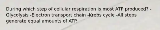 During which step of cellular respiration is most ATP produced? -Glycolysis -Electron transport chain -Krebs cycle -All steps generate equal amounts of ATP.