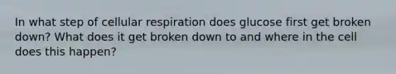 In what step of cellular respiration does glucose first get broken down? What does it get broken down to and where in the cell does this happen?