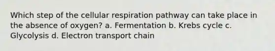 Which step of the cellular respiration pathway can take place in the absence of oxygen? a. Fermentation b. Krebs cycle c. Glycolysis d. Electron transport chain