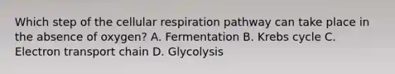 Which step of the cellular respiration pathway can take place in the absence of oxygen? A. Fermentation B. Krebs cycle C. Electron transport chain D. Glycolysis