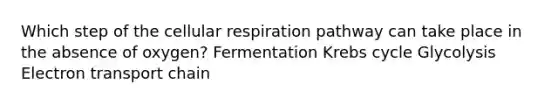 Which step of the <a href='https://www.questionai.com/knowledge/k1IqNYBAJw-cellular-respiration' class='anchor-knowledge'>cellular respiration</a> pathway can take place in the absence of oxygen? Fermentation <a href='https://www.questionai.com/knowledge/kqfW58SNl2-krebs-cycle' class='anchor-knowledge'>krebs cycle</a> Glycolysis Electron transport chain