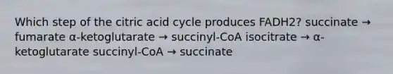 Which step of the citric acid cycle produces FADH2? succinate → fumarate α-ketoglutarate → succinyl-CoA isocitrate → α-ketoglutarate succinyl-CoA → succinate