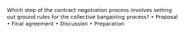 Which step of the contract negotiation process involves setting out ground rules for the collective bargaining process? • Proposal • Final agreement • Discussion • Preparation