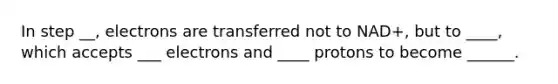 In step __, electrons are transferred not to NAD+, but to ____, which accepts ___ electrons and ____ protons to become ______.