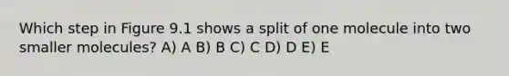 Which step in Figure 9.1 shows a split of one molecule into two smaller molecules? A) A B) B C) C D) D E) E