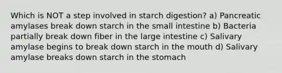 Which is NOT a step involved in starch digestion? a) Pancreatic amylases break down starch in the small intestine b) Bacteria partially break down fiber in the large intestine c) Salivary amylase begins to break down starch in the mouth d) Salivary amylase breaks down starch in the stomach