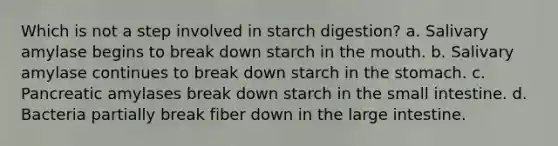 Which is not a step involved in starch digestion? a. Salivary amylase begins to break down starch in the mouth. b. Salivary amylase continues to break down starch in the stomach. c. Pancreatic amylases break down starch in the small intestine. d. Bacteria partially break fiber down in the large intestine.