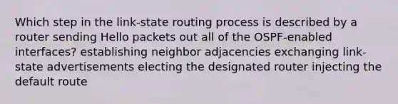 Which step in the link-state routing process is described by a router sending Hello packets out all of the OSPF-enabled interfaces? establishing neighbor adjacencies exchanging link-state advertisements electing the designated router injecting the default route