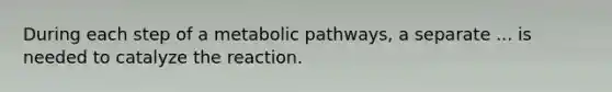 During each step of a metabolic pathways, a separate ... is needed to catalyze the reaction.