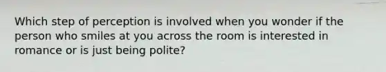 Which step of perception is involved when you wonder if the person who smiles at you across the room is interested in romance or is just being polite?