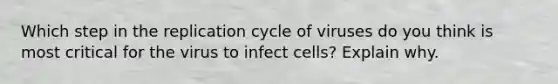 Which step in the replication cycle of viruses do you think is most critical for the virus to infect cells? Explain why.