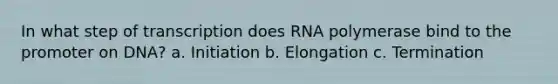 In what step of transcription does RNA polymerase bind to the promoter on DNA? a. Initiation b. Elongation c. Termination