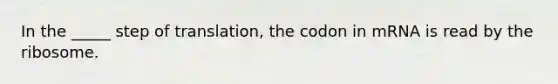 In the _____ step of translation, the codon in mRNA is read by the ribosome.