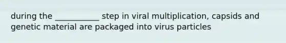 during the ___________ step in viral multiplication, capsids and genetic material are packaged into virus particles