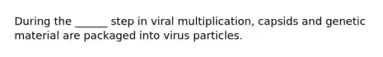 During the ______ step in viral multiplication, capsids and genetic material are packaged into virus particles.