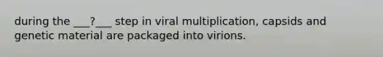 during the ___?___ step in viral multiplication, capsids and genetic material are packaged into virions.