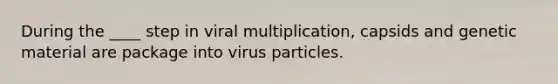 During the ____ step in viral multiplication, capsids and genetic material are package into virus particles.