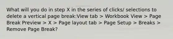 What will you do in step X in the series of clicks/ selections to delete a vertical page break:View tab > Workbook View > Page Break Preview > X > Page layout tab > Page Setup > Breaks > Remove Page Break?