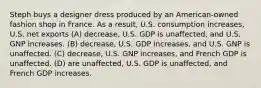 Steph buys a designer dress produced by an American-owned fashion shop in France. As a result, U.S. consumption increases, U.S. net exports (A) decrease, U.S. GDP is unaffected, and U.S. GNP increases. (B) decrease, U.S. GDP increases, and U.S. GNP is unaffected. (C) decrease, U.S. GNP increases, and French GDP is unaffected. (D) are unaffected, U.S. GDP is unaffected, and French GDP increases.