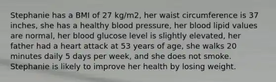 Stephanie has a BMI of 27 kg/m2, her waist circumference is 37 inches, she has a healthy blood pressure, her blood lipid values are normal, her blood glucose level is slightly elevated, her father had a heart attack at 53 years of age, she walks 20 minutes daily 5 days per week, and she does not smoke. Stephanie is likely to improve her health by losing weight.