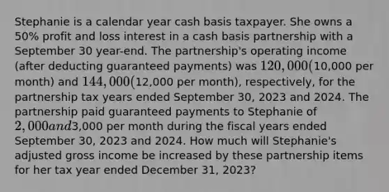 Stephanie is a calendar year cash basis taxpayer. She owns a 50% profit and loss interest in a cash basis partnership with a September 30 year-end. The partnership's operating income (after deducting guaranteed payments) was 120,000 (10,000 per month) and 144,000 (12,000 per month), respectively, for the partnership tax years ended September 30, 2023 and 2024. The partnership paid guaranteed payments to Stephanie of 2,000 and3,000 per month during the fiscal years ended September 30, 2023 and 2024. How much will Stephanie's adjusted gross income be increased by these partnership items for her tax year ended December 31, 2023?