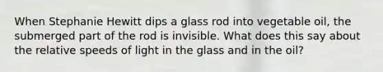 When Stephanie Hewitt dips a glass rod into vegetable oil, the submerged part of the rod is invisible. What does this say about the relative speeds of light in the glass and in the oil?