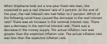 When Stephanie took out a one-year fixed-rate loan, she expected to pay a real interest rate of 3 percent. At the end of the year, the real interest rate had fallen to 2 percent. Which of the following could have caused the decrease in the real interest rate? There was an increase in the nominal interest rate. There was a decrease in the nominal interest rate. There was a decrease in the money supply. The actual inflation rate was greater than the expected inflation rate. The actual inflation rate was less than the expected inflation rate.