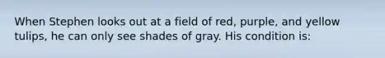 When Stephen looks out at a field of red, purple, and yellow tulips, he can only see shades of gray. His condition is: