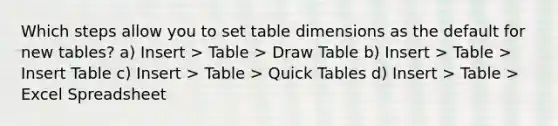 Which steps allow you to set table dimensions as the default for new tables? a) Insert > Table > Draw Table b) Insert > Table > Insert Table c) Insert > Table > Quick Tables d) Insert > Table > Excel Spreadsheet