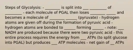 Steps of Glycolysis: - ________ is split into ___ _________ of _________ - each molecule of PGAL then loses ________ _____ and becomes a molecule of ________ ______ (pyruvate) - hydrogen atoms are given off during the formation of pyruvic acid - hydrogen atoms are bonded to ______ forming ______ - note: ___ NADH are produced because there were two pyruvic acid - this entire process requires the energy from ___ ATPs (to split glucose into PGAL) but produces ___ ATP molecules - net gain of __ ATPs