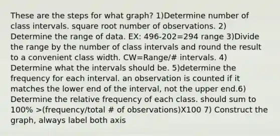 These are the steps for what graph? 1)Determine number of class intervals. square root number of observations. 2) Determine the range of data. EX: 496-202=294 range 3)Divide the range by the number of class intervals and round the result to a convenient class width. CW=Range/# intervals. 4) Determine what the intervals should be. 5)determine the frequency for each interval. an observation is counted if it matches the lower end of the interval, not the upper end.6) Determine the relative frequency of each class. should sum to 100% >(frequency/total # of observations)X100 7) Construct the graph, always label both axis