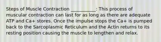 Steps of Muscle Contraction ___________: This process of muscular contraction can last for as long as there are adequate ATP and Ca+ stores. Once the impulse stops the Ca+ is pumped back to the Sarcoplasmic Reticulum and the Actin returns to its resting position causing the muscle to lengthen and relax.