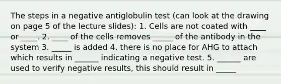 The steps in a negative antiglobulin test (can look at the drawing on page 5 of the lecture slides): 1. Cells are not coated with ____ or ____. 2. ____ of the cells removes _____ of the antibody in the system 3. _____ is added 4. there is no place for AHG to attach which results in ______ indicating a negative test. 5. ______ are used to verify negative results, this should result in _____