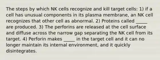 The steps by which NK cells recognize and kill target cells: 1) if a cell has unusual components in its plasma membrane, an NK cell recognizes that other cell as abnormal. 2) Proteins called _____ are produced. 3) The perforins are released at the cell surface and diffuse across the narrow gap separating the NK cell from its target. 4) Perforin makes _____ in the target cell and it can no longer maintain its internal environment, and it quickly disintegrates.