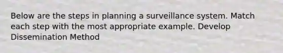 Below are the steps in planning a surveillance system. Match each step with the most appropriate example. Develop Dissemination Method