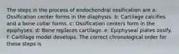 The steps in the process of endochondral ossification are a: Ossification center forms in the diaphysis. b: Cartilage calcifies and a bone collar forms. c: Ossification centers form in the epiphyses. d: Bone replaces cartilage. e: Epiphyseal plates ossify. f: Cartilage model develops. The correct chronological order for these steps is