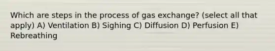 Which are steps in the process of gas exchange? (select all that apply) A) Ventilation B) Sighing C) Diffusion D) Perfusion E) Rebreathing