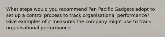 What steps would you recommend Pan Pacific Gadgets adopt to set up a control process to track organisational performance? Give examples of 2 measures the company might use to track organisational performance