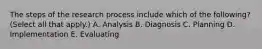 The steps of the research process include which of the following? (Select all that apply.) A. Analysis B. Diagnosis C. Planning D. Implementation E. Evaluating