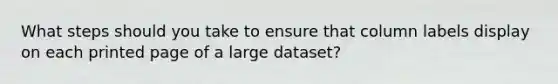 What steps should you take to ensure that column labels display on each printed page of a large dataset?