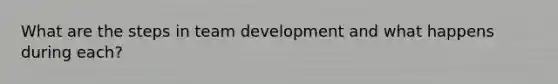 What are the steps in team development and what happens during each?