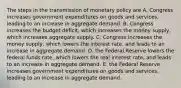 The steps in the transmission of monetary policy are A. Congress increases government expenditures on goods and​ services, leading to an increase in aggregate demand. B. Congress increases the budget​ deficit, which increases the money​ supply, which increases aggregate supply. C. Congress increases the money​ supply, which lowers the interest​ rate, and leads to an increase in aggregate demand. D. the Federal Reserve lowers the federal funds​ rate, which lowers the real interest​ rate, and leads to an increase in aggregate demand. E. the Federal Reserve increases government expenditures on goods and​ services, leading to an increase in aggregate demand.