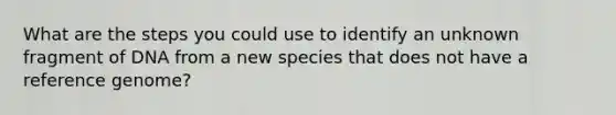 What are the steps you could use to identify an unknown fragment of DNA from a new species that does not have a reference genome?