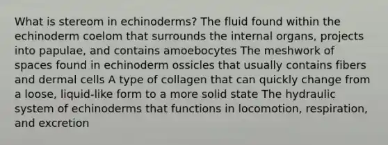 What is stereom in echinoderms? The fluid found within the echinoderm coelom that surrounds the internal organs, projects into papulae, and contains amoebocytes The meshwork of spaces found in echinoderm ossicles that usually contains fibers and dermal cells A type of collagen that can quickly change from a loose, liquid-like form to a more solid state The hydraulic system of echinoderms that functions in locomotion, respiration, and excretion