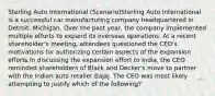 Sterling Auto International (Scenario)Sterling Auto International is a successful car manufacturing company headquartered in Detroit, Michigan. Over the past year, the company implemented multiple efforts to expand its overseas operations. At a recent shareholder's meeting, attendees questioned the CEO's motivations for authorizing certain aspects of the expansion efforts.In discussing the expansion effort to India, the CEO reminded shareholders of Black and Decker's move to partner with the Indian auto retailer Bajaj. The CEO was most likely attempting to justify which of the following?