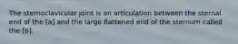 The sternoclavicular joint is an articulation between the sternal end of the [a] and the large flattened end of the sternum called the [b].