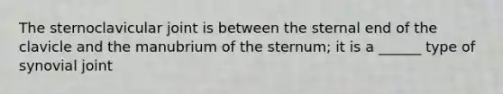 The sternoclavicular joint is between the sternal end of the clavicle and the manubrium of the sternum; it is a ______ type of synovial joint