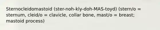 Sternocleidomastoid (ster-noh-kly-doh-MAS-toyd) (stern/o = sternum, cleid/o = clavicle, collar bone, mast/o = breast; mastoid process)