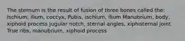 The sternum is the result of fusion of three bones called the: Ischium, ilium, coccyx, Pubis, ischium, ilium Manubrium, body, xiphoid process Jugular notch, sternal angles, xiphisternal joint True ribs, manubrium, xiphoid process